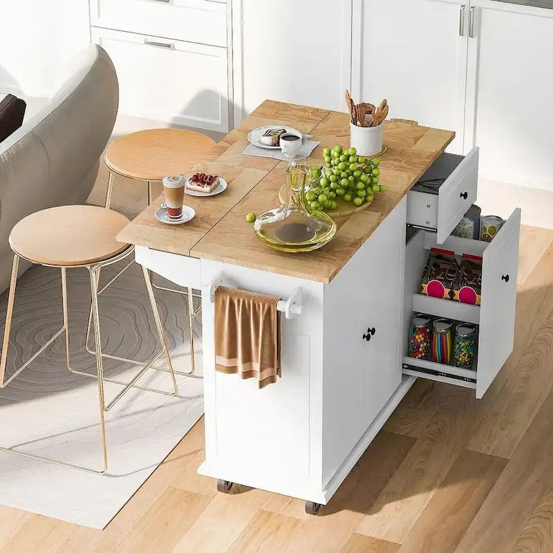 Black / White / Grey+Blue Rolling Kitchen Island with Drop Leaf, 2-Door Cabinet & 2 Drawers