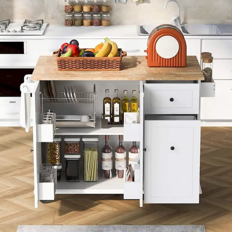 Black / White / Grey+Blue Rolling Kitchen Island with Drop Leaf, 2-Door Cabinet & 2 Drawers