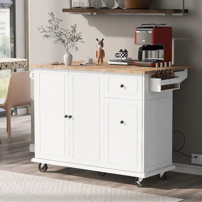 Black / White / Grey+Blue Rolling Kitchen Island with Drop Leaf, 2-Door Cabinet & 2 Drawers