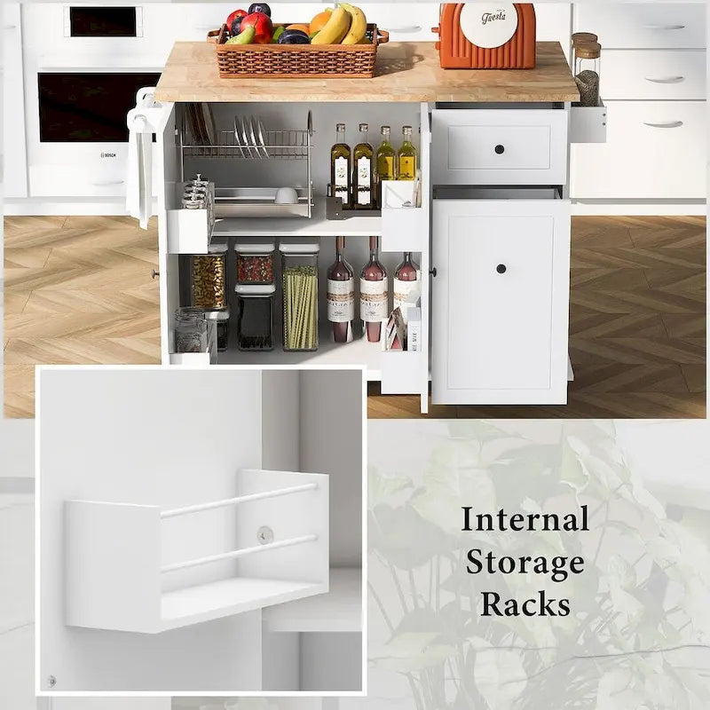 Black / White / Grey+Blue Rolling Kitchen Island with Drop Leaf, 2-Door Cabinet & 2 Drawers