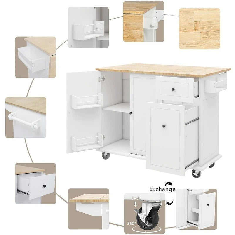 Black / White / Grey+Blue Rolling Kitchen Island with Drop Leaf, 2-Door Cabinet & 2 Drawers