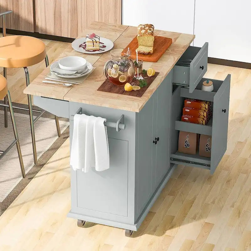 Black / White / Grey+Blue Rolling Kitchen Island with Drop Leaf, 2-Door Cabinet & 2 Drawers