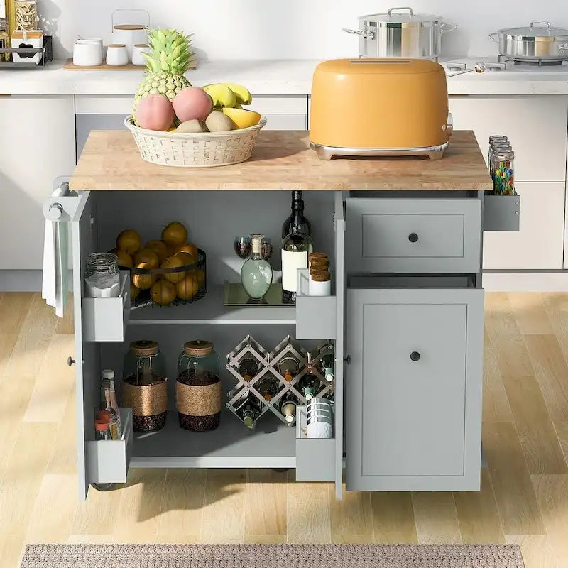 Black / White / Grey+Blue Rolling Kitchen Island with Drop Leaf, 2-Door Cabinet & 2 Drawers