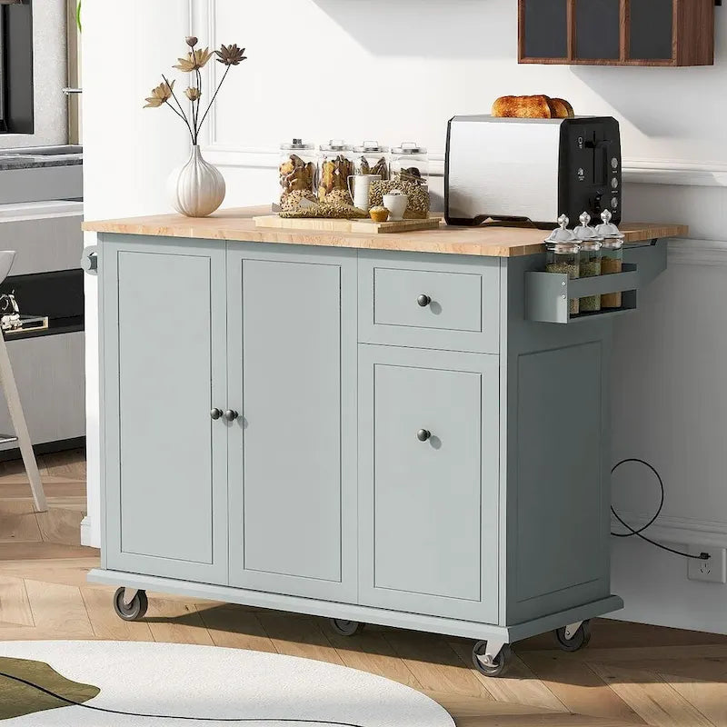 Black / White / Grey+Blue Rolling Kitchen Island with Drop Leaf, 2-Door Cabinet & 2 Drawers