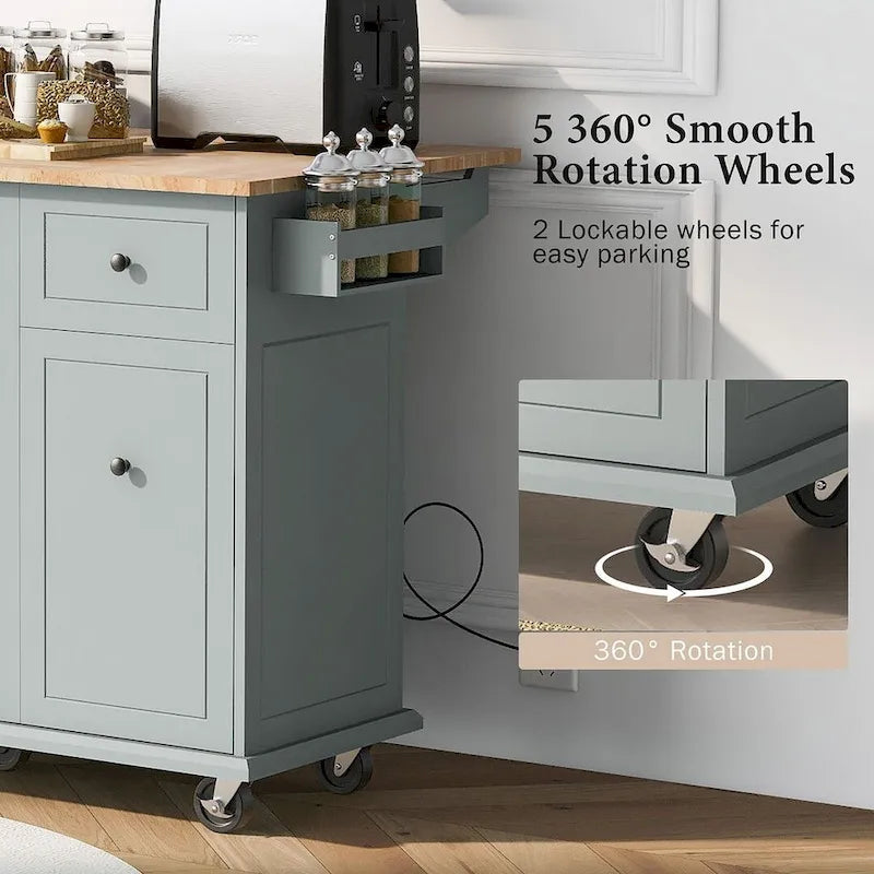 Black / White / Grey+Blue Rolling Kitchen Island with Drop Leaf, 2-Door Cabinet & 2 Drawers