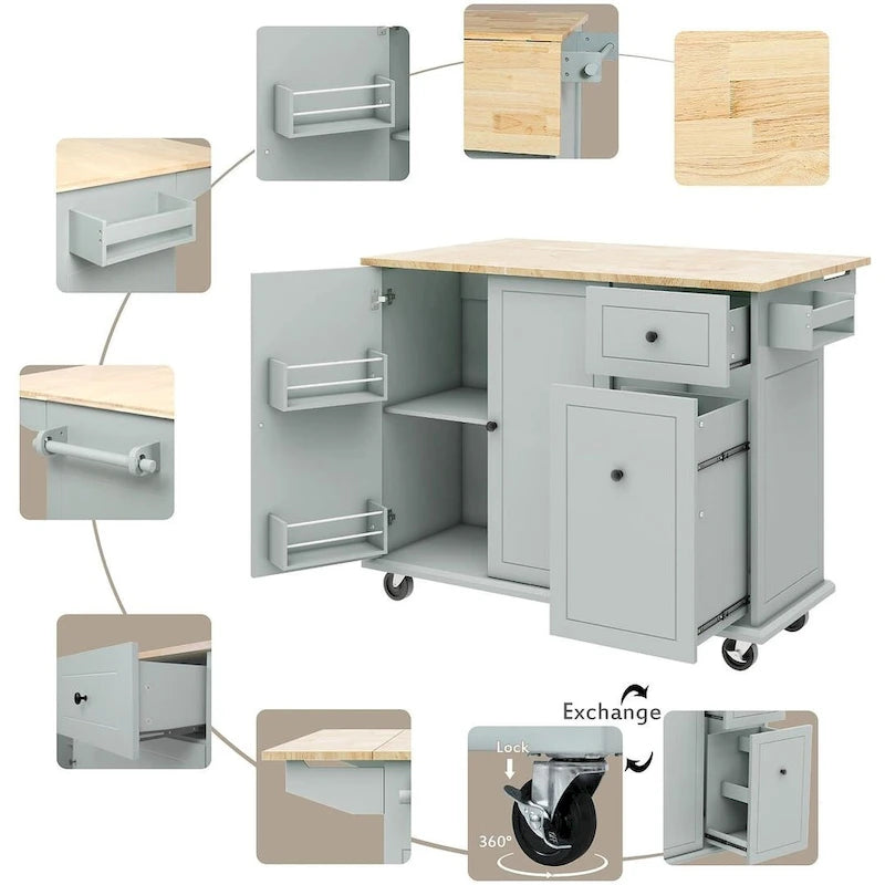 Black / White / Grey+Blue Rolling Kitchen Island with Drop Leaf, 2-Door Cabinet & 2 Drawers
