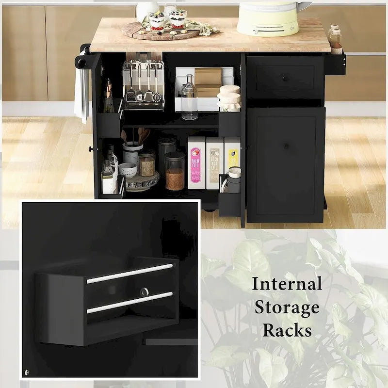 Black / White / Grey+Blue Rolling Kitchen Island with Drop Leaf, 2-Door Cabinet & 2 Drawers