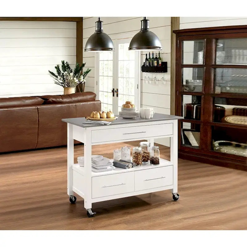 White Stainless Steel Top Kitchen Cart, Freestanding, 1-Person Use