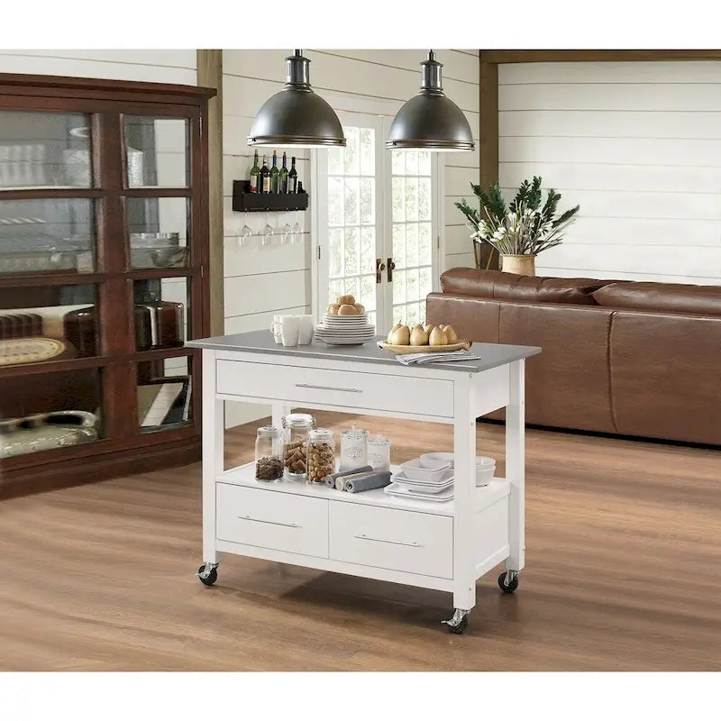 White Stainless Steel Top Kitchen Cart, Freestanding, 1-Person Use