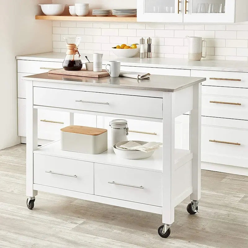 White Stainless Steel Top Kitchen Cart, Freestanding, 1-Person Use