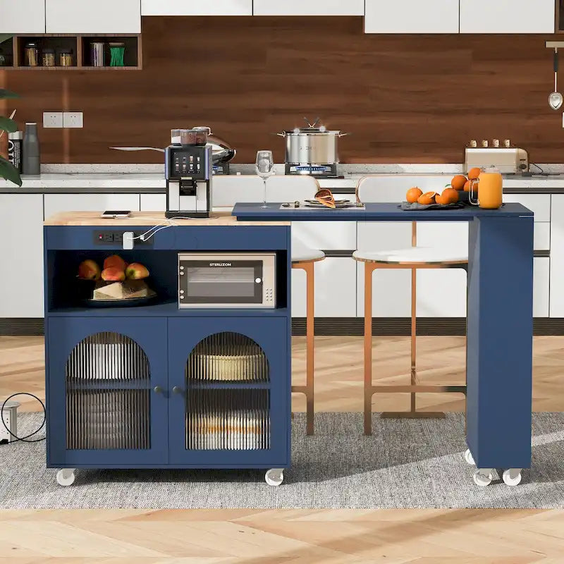 Navy Blue / Grey Blue / White Kitchen Island with LED Lights & Side Shelves