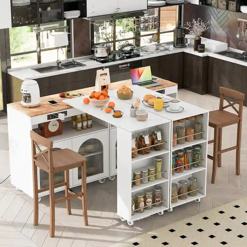 Navy Blue / Grey Blue / White Kitchen Island with LED Lights & Side Shelves