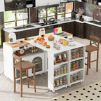 Navy Blue / Grey Blue / White Kitchen Island with LED Lights & Side Shelves