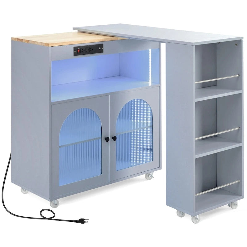 Navy Blue / Grey Blue / White Kitchen Island with LED Lights & Side Shelves