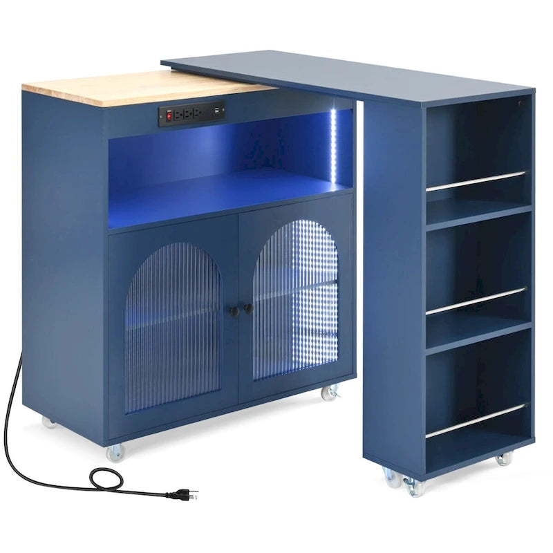 Navy Blue / Grey Blue / White Kitchen Island with LED Lights & Side Shelves