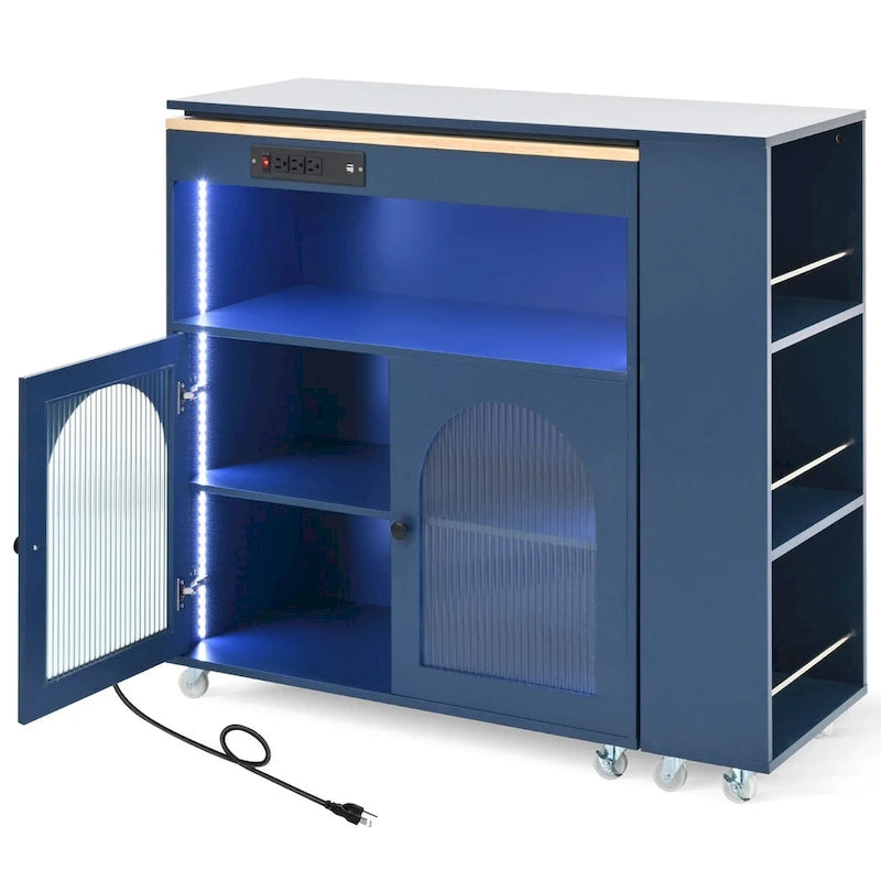 Navy Blue / Grey Blue / White Kitchen Island with LED Lights & Side Shelves