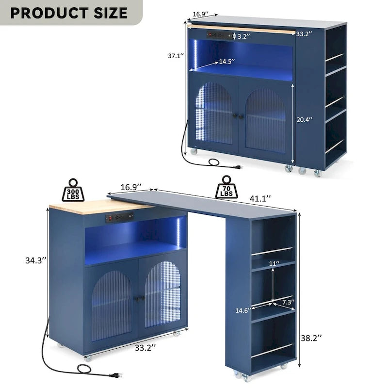 Navy Blue / Grey Blue / White Kitchen Island with LED Lights & Side Shelves