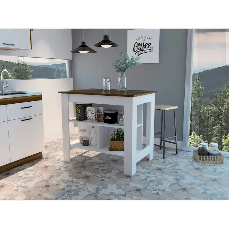 White & Walnut Kitchen Cart with Wood Countertop