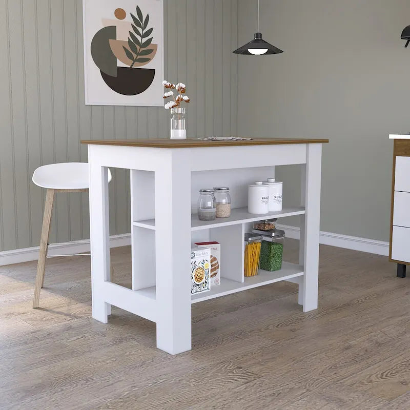White & Walnut Kitchen Cart with Wood Countertop