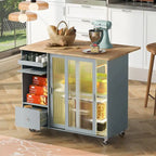 Grey+Blue / Navy Blue / White Drop Leaf Kitchen Island Cart for 2, LED Light, Fluted Glass Doors, Wheels