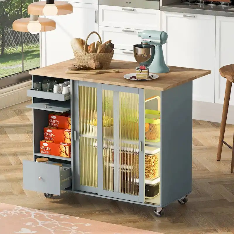 Grey+Blue / Navy Blue / White Drop Leaf Kitchen Island Cart for 2, LED Light, Fluted Glass Doors, Wheels