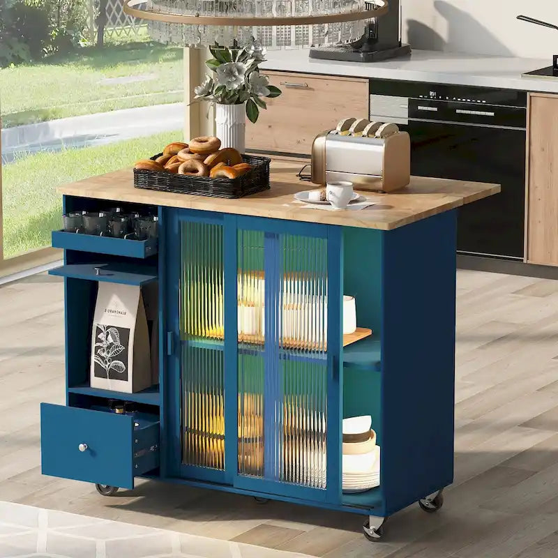 Grey+Blue / Navy Blue / White Drop Leaf Kitchen Island Cart for 2, LED Light, Fluted Glass Doors, Wheels