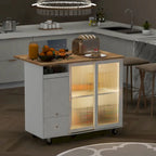Grey+Blue / Navy Blue / White Drop Leaf Kitchen Island Cart for 2, LED Light, Fluted Glass Doors, Wheels
