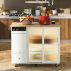Grey+Blue / Navy Blue / White Drop Leaf Kitchen Island Cart for 2, LED Light, Fluted Glass Doors, Wheels