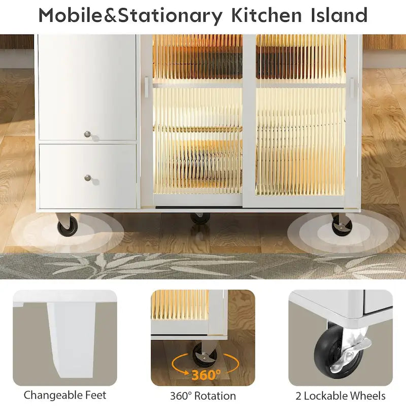 Grey+Blue / Navy Blue / White Drop Leaf Kitchen Island Cart for 2, LED Light, Fluted Glass Doors, Wheels