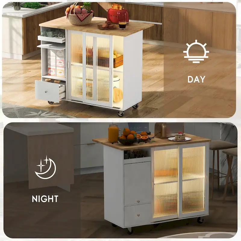 Grey+Blue / Navy Blue / White Drop Leaf Kitchen Island Cart for 2, LED Light, Fluted Glass Doors, Wheels