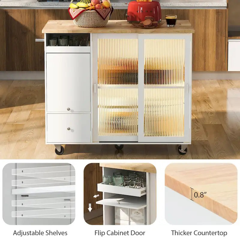 Grey+Blue / Navy Blue / White Drop Leaf Kitchen Island Cart for 2, LED Light, Fluted Glass Doors, Wheels