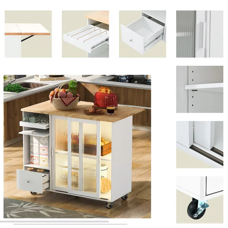 Grey+Blue / Navy Blue / White Drop Leaf Kitchen Island Cart for 2, LED Light, Fluted Glass Doors, Wheels