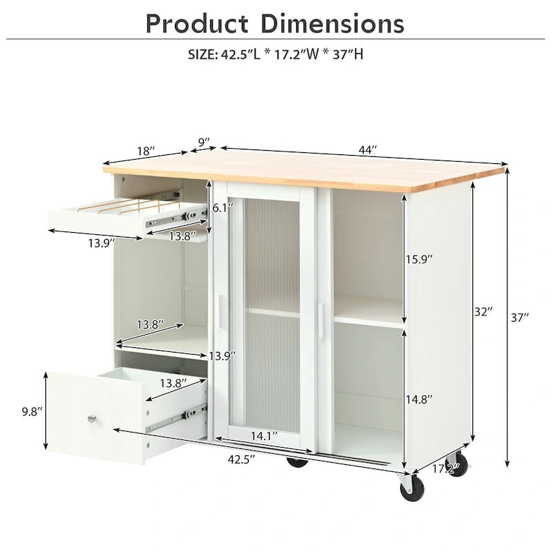 Grey+Blue / Navy Blue / White Drop Leaf Kitchen Island Cart for 2, LED Light, Fluted Glass Doors, Wheels