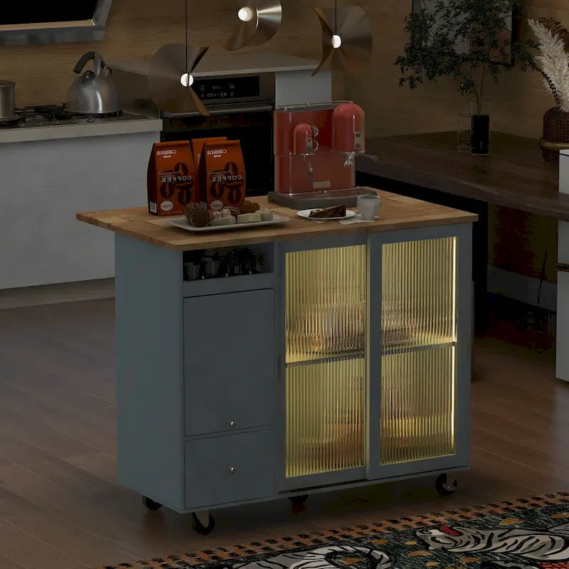 Grey+Blue / Navy Blue / White Drop Leaf Kitchen Island Cart for 2, LED Light, Fluted Glass Doors, Wheels