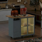 Grey+Blue / Navy Blue / White Drop Leaf Kitchen Island Cart for 2, LED Light, Fluted Glass Doors, Wheels