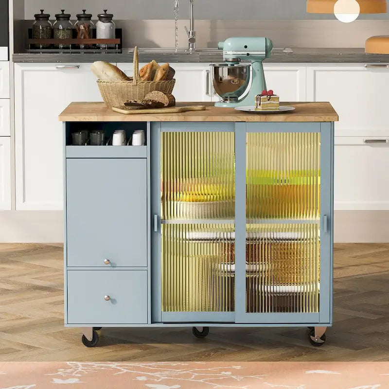 Grey+Blue / Navy Blue / White Drop Leaf Kitchen Island Cart for 2, LED Light, Fluted Glass Doors, Wheels