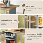 Grey+Blue / Navy Blue / White Drop Leaf Kitchen Island Cart for 2, LED Light, Fluted Glass Doors, Wheels