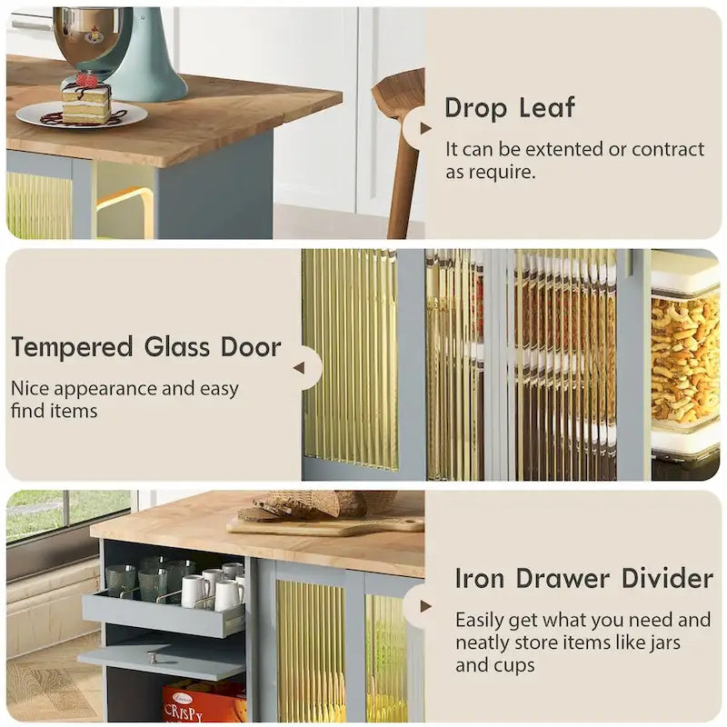 Grey+Blue / Navy Blue / White Drop Leaf Kitchen Island Cart for 2, LED Light, Fluted Glass Doors, Wheels