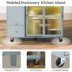 Grey+Blue / Navy Blue / White Drop Leaf Kitchen Island Cart for 2, LED Light, Fluted Glass Doors, Wheels