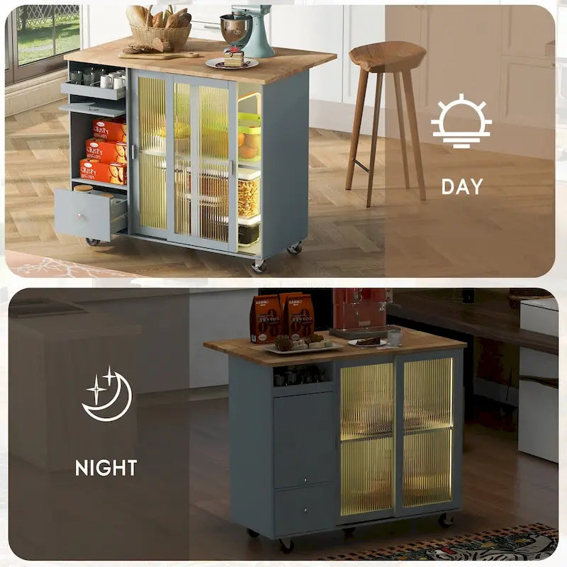 Grey+Blue / Navy Blue / White Drop Leaf Kitchen Island Cart for 2, LED Light, Fluted Glass Doors, Wheels