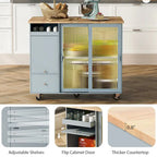 Grey+Blue / Navy Blue / White Drop Leaf Kitchen Island Cart for 2, LED Light, Fluted Glass Doors, Wheels