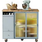 Grey+Blue / Navy Blue / White Drop Leaf Kitchen Island Cart for 2, LED Light, Fluted Glass Doors, Wheels