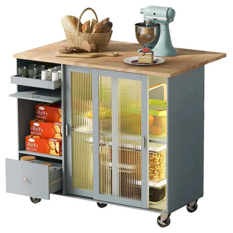 Grey+Blue / Navy Blue / White Drop Leaf Kitchen Island Cart for 2, LED Light, Fluted Glass Doors, Wheels