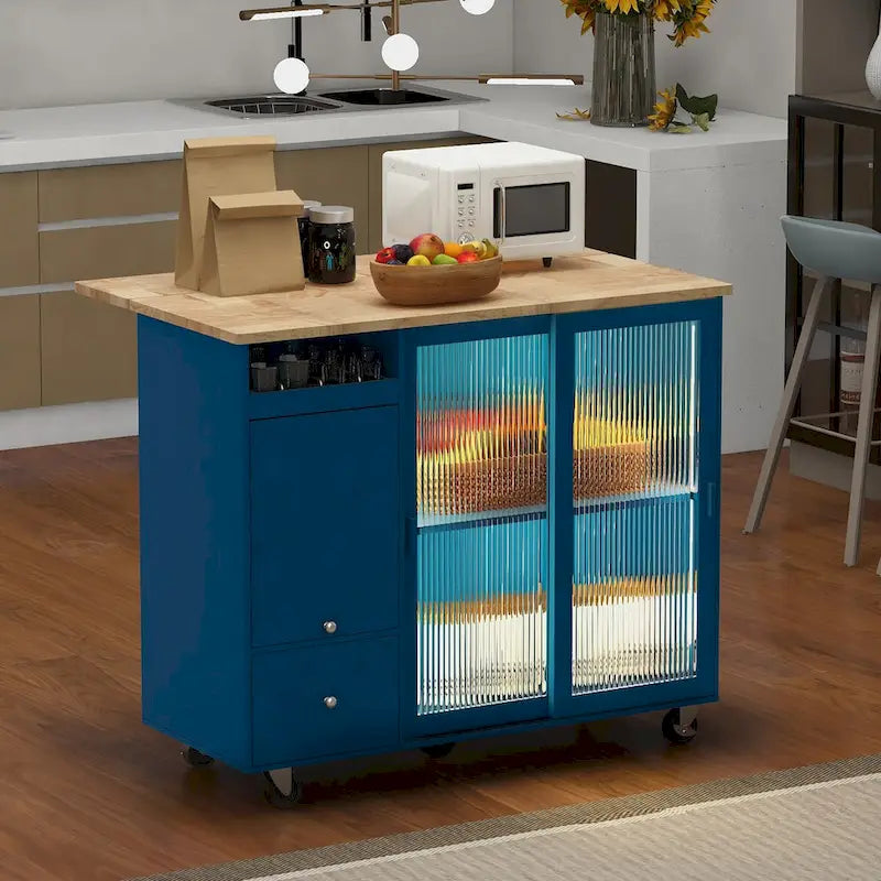Grey+Blue / Navy Blue / White Drop Leaf Kitchen Island Cart for 2, LED Light, Fluted Glass Doors, Wheels