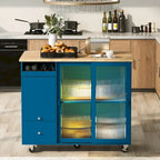 Grey+Blue / Navy Blue / White Drop Leaf Kitchen Island Cart for 2, LED Light, Fluted Glass Doors, Wheels