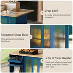 Grey+Blue / Navy Blue / White Drop Leaf Kitchen Island Cart for 2, LED Light, Fluted Glass Doors, Wheels