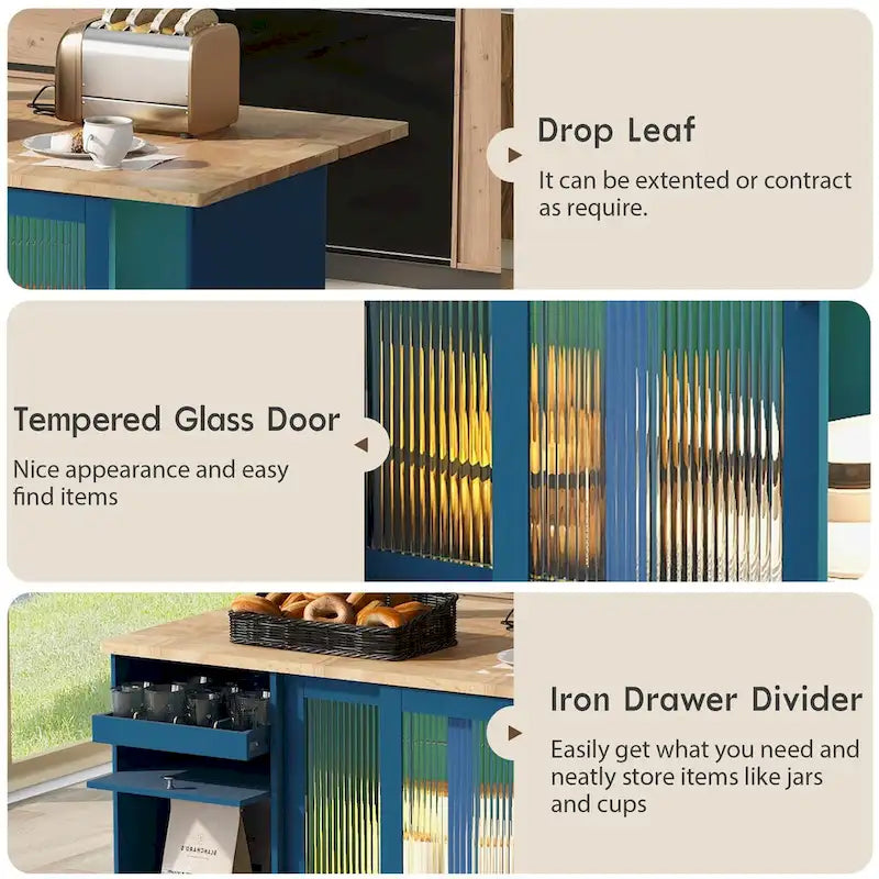 Grey+Blue / Navy Blue / White Drop Leaf Kitchen Island Cart for 2, LED Light, Fluted Glass Doors, Wheels