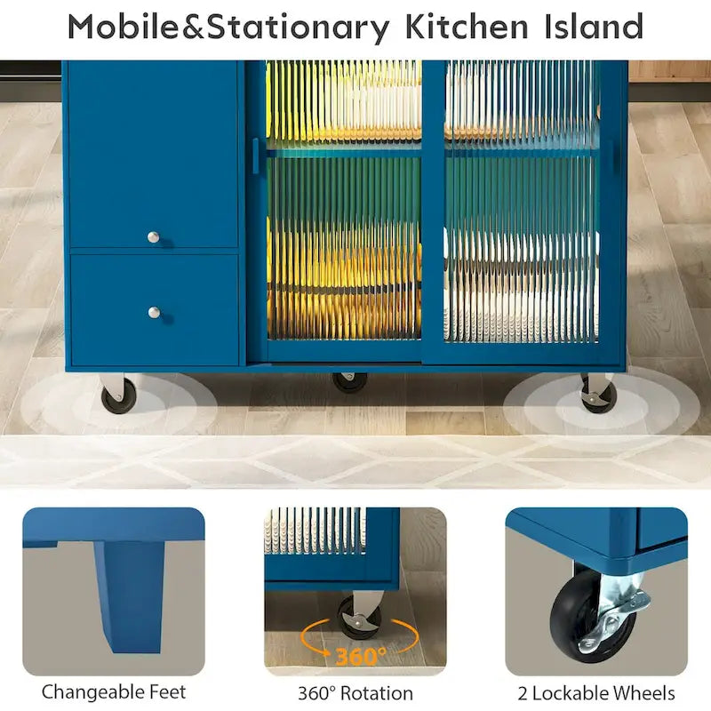 Grey+Blue / Navy Blue / White Drop Leaf Kitchen Island Cart for 2, LED Light, Fluted Glass Doors, Wheels