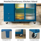 Grey+Blue / Navy Blue / White Drop Leaf Kitchen Island Cart for 2, LED Light, Fluted Glass Doors, Wheels