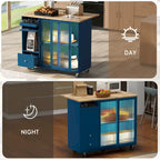 Grey+Blue / Navy Blue / White Drop Leaf Kitchen Island Cart for 2, LED Light, Fluted Glass Doors, Wheels